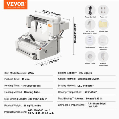 Thermal Binding Machine, 400 Sheets Capacity Hot Glue Binding Machine, Thermal Book Binder 50mm Binding Thickness A3(Short Edge)/A4/A5 Document with Milling Cutter