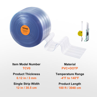 Strip Curtain, 100' Length x 12" Width x 0.12" Thickness, Clear Ribbed PVC Curtain Strip Door Bulk Roll, Plastic Door Strips for Doorway of Supermarket, Garage, Warehouse, Barn, Pet Animal House