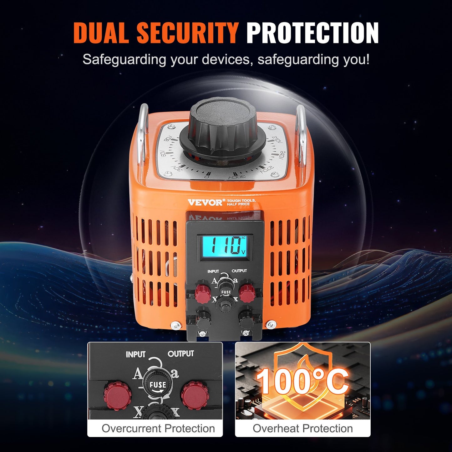 2000VA automatisk variabel spänningstransformator, 6,6 Amp, 230V ingång 0-300V utgång AC spänningsregulator, med LCD-display 4 extra säkringar termisk kontrollbrytare för hemmakontor, CE-certifierad