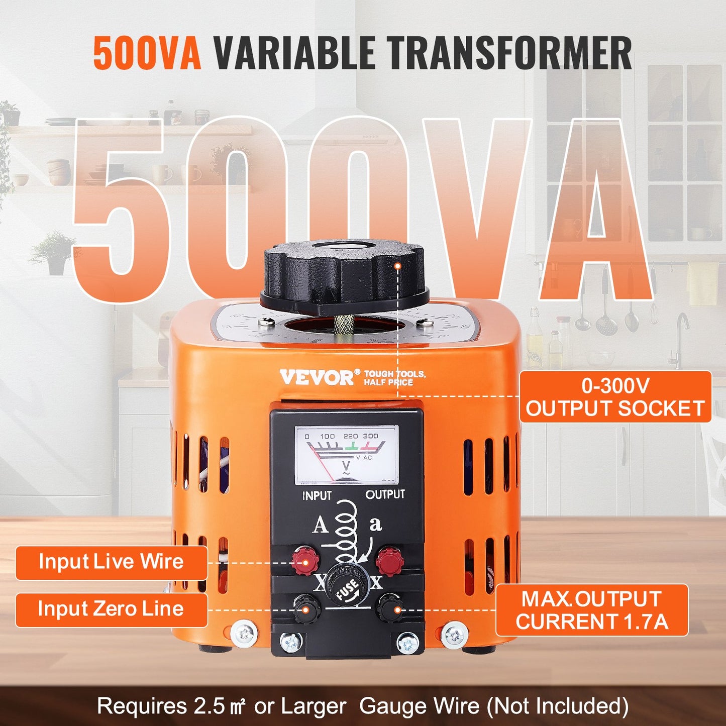 500VA automatisk variabel spänningstransformator, 1,7 Amp, 230V ingång 0-300V utgång AC spänningsregulator strömförsörjning, med 4 extra säkringar termisk kontrollbrytare för hemmakontor, CE-certifierad