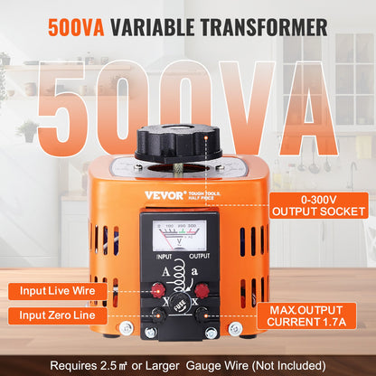 500VA automatisk variabel spänningstransformator, 1,7 Amp, 230V ingång 0-300V utgång AC spänningsregulator strömförsörjning, med 4 extra säkringar termisk kontrollbrytare för hemmakontor, CE-certifierad