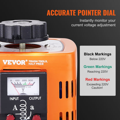 500VA automatisk variabel spänningstransformator, 1,7 Amp, 230V ingång 0-300V utgång AC spänningsregulator strömförsörjning, med 4 extra säkringar termisk kontrollbrytare för hemmakontor, CE-certifierad
