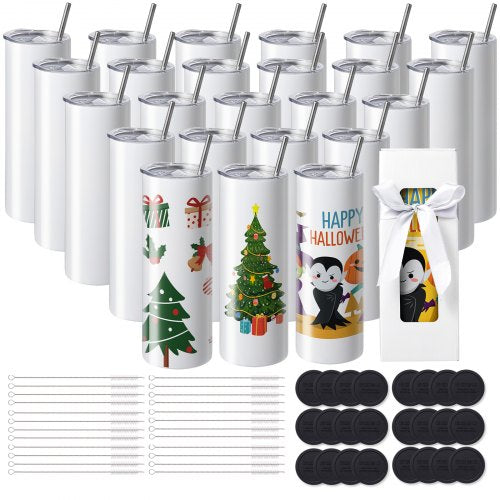 24 Pack Straight Sublimation Tumblers, 591.5 ml Blank Tumbler Bulk, Stainless Steel Double Wall Tumbler Cups with Straw, Lid, Brush, Base, Shrink Wrap, Gift Box, for Heat Press and Heat Transfer
