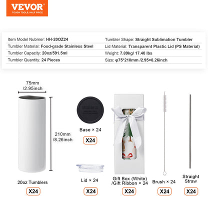 24 Pack Straight Sublimation Tumblers, 591.5 ml Blank Tumbler Bulk, Stainless Steel Double Wall Tumbler Cups with Straw, Lid, Brush, Base, Shrink Wrap, Gift Box, for Heat Press and Heat Transfer