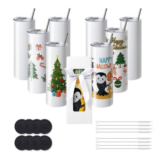 8 Pack Straight Sublimation Tumblers, 591.5 ml Blank Tumbler Bulk, Stainless Steel Double Wall Tumbler Cups with Straw, Lid, Brush, Base, Shrink Wrap, Gift Box, for Heat Press and Heat Transfer