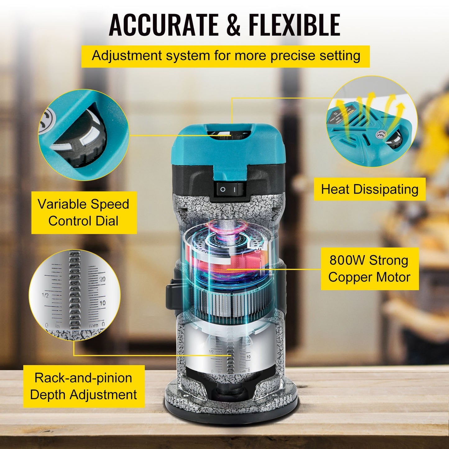 Router Tool, 710W Wood Router, Router for Woodworking with Three Router Collets, Wood Router Tool with Fixed Base, Woodworking Router with Aluminum Shell and 13000 - 33000 r/min Rotating Speed