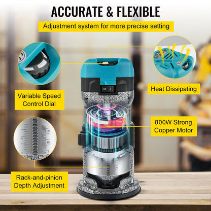 Router Tool, 710W Wood Router, Router for Woodworking with Three Router Collets, Wood Router Tool with Fixed Base, Woodworking Router with Aluminum Shell and 13000 - 33000 r/min Rotating Speed