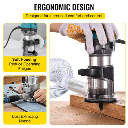 Router Tool, 710W Wood Router, Router for Woodworking with Three Router Collets, Wood Router Tool with Fixed Base, Woodworking Router with Aluminum Shell and 13000 - 33000 r/min Rotating Speed