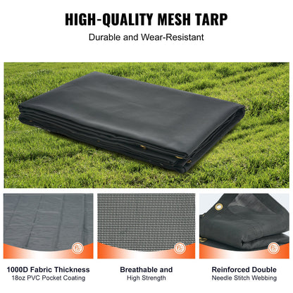 Dump Truck Mesh Tarp, 6 x 14 ft, PVC Coated Black Heavy Duty Cover with 5.5" 18oz Double Pocket, Brass Grommets, Reinforced Double Needle Stitch Webbing Fits Manual or Electric Dump Truck System