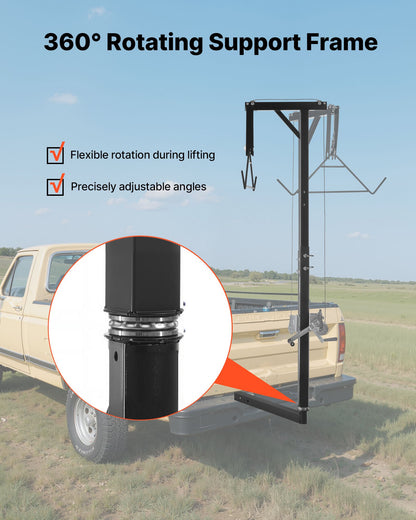 Dragkrok för jakthjort, lastkapacitet 136 kg, jakthjortlyft med 5 cm mottagare, 360 graders svängbar axel och justerbar höjd, inklusive gambrelvinsch för flåing och rengöring av vilt