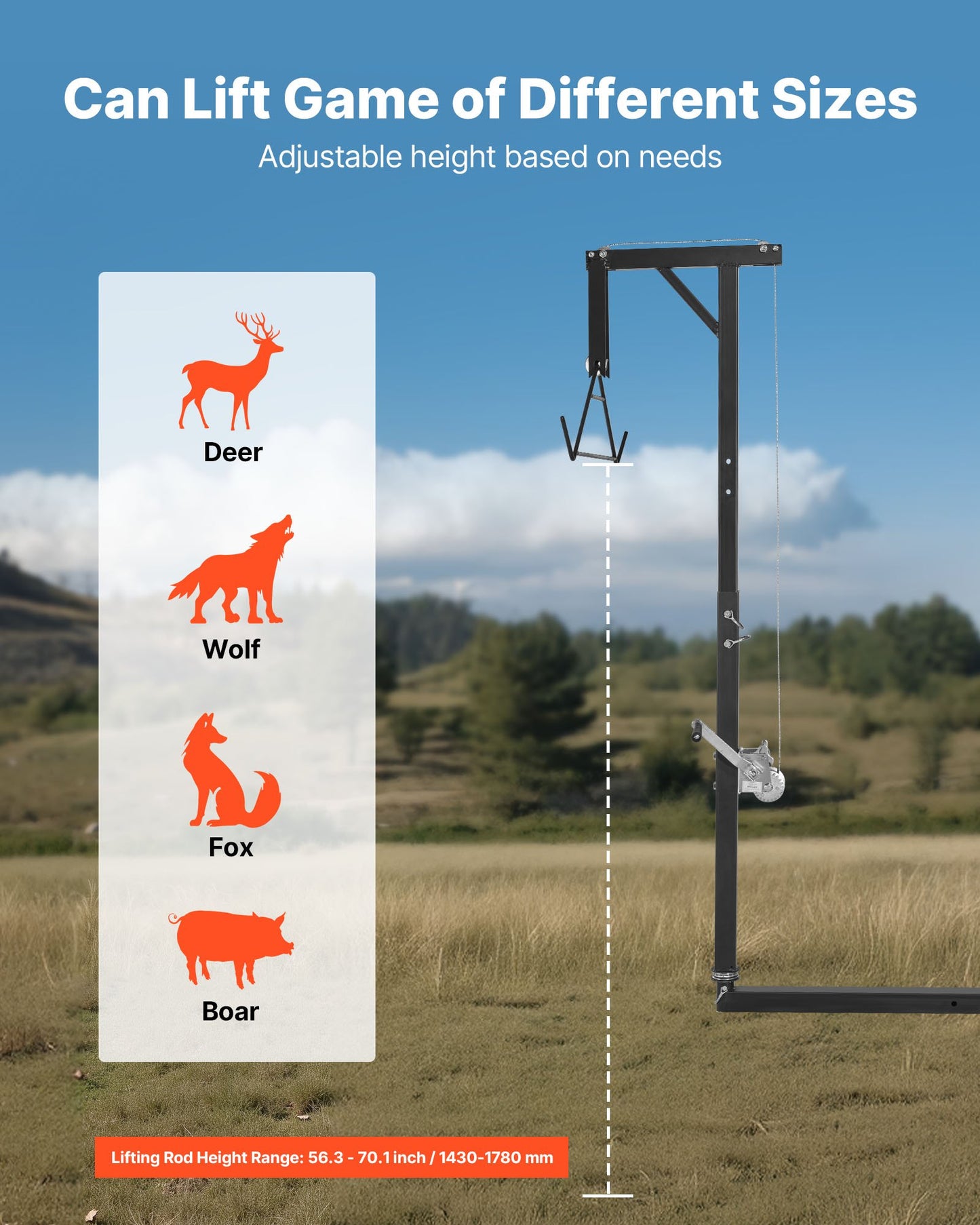 Dragkrok för jakthjort, lastkapacitet 136 kg, jakthjortlyft med 5 cm mottagare, 360 graders svängbar axel och justerbar höjd, inklusive gambrelvinsch för flåing och rengöring av vilt