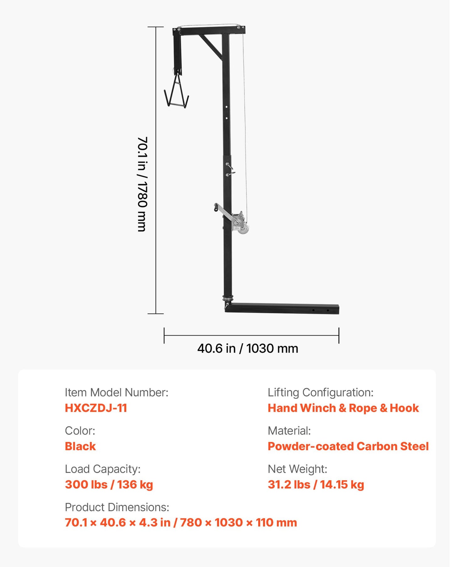 Dragkrok för jakthjort, lastkapacitet 136 kg, jakthjortlyft med 5 cm mottagare, 360 graders svängbar axel och justerbar höjd, inklusive gambrelvinsch för flåing och rengöring av vilt