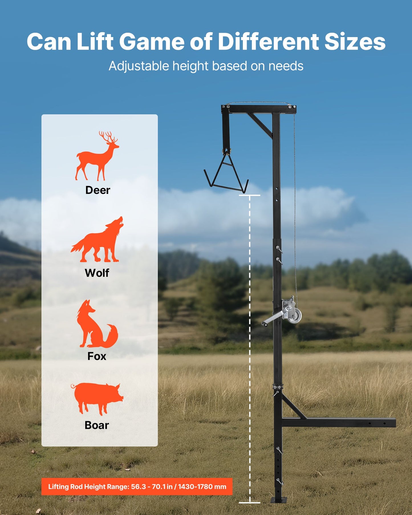 Dragkrok för jakthjort, lastkapacitet 180 kg, jakthjortlyft med 5 cm mottagare, 360 graders svängbar axel och justerbar höjd, inklusive gambrelvinsch för flåing och rengöring av vilt
