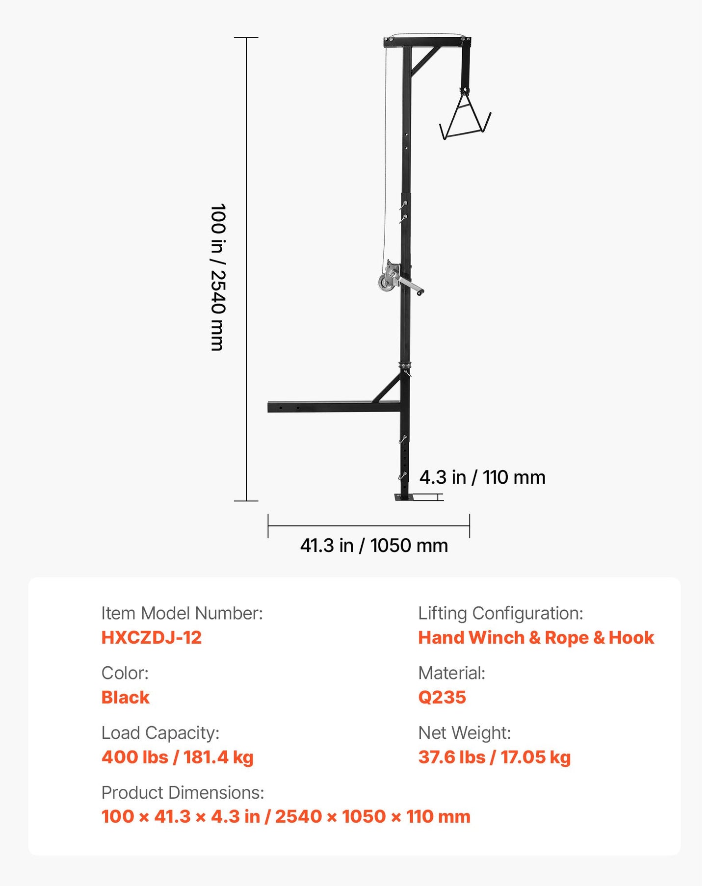 Dragkrok för jakthjort, lastkapacitet 180 kg, jakthjortlyft med 5 cm mottagare, 360 graders svängbar axel och justerbar höjd, inklusive gambrelvinsch för flåing och rengöring av vilt