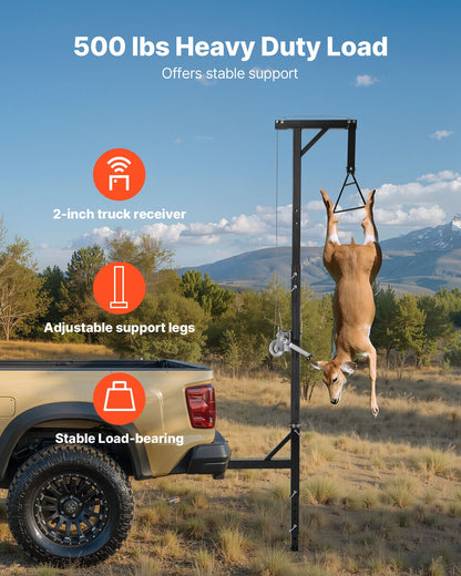 Dragkrok för jakthjort, lastkapacitet 227 kg, jakthjortlyft med 5 cm mottagare, 360 graders svängbar axel och justerbar höjd, inklusive gambrelvinsch för flåing och rengöring av vilt