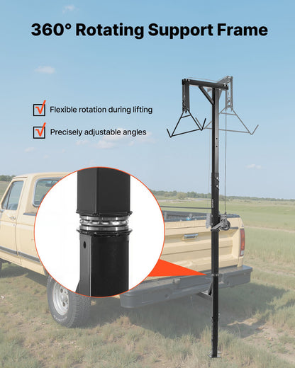 Dragkrok för jakthjort, lastkapacitet 227 kg, jakthjortlyft med 5 cm mottagare, 360 graders svängbar axel och justerbar höjd, inklusive gambrelvinsch för flåing och rengöring av vilt