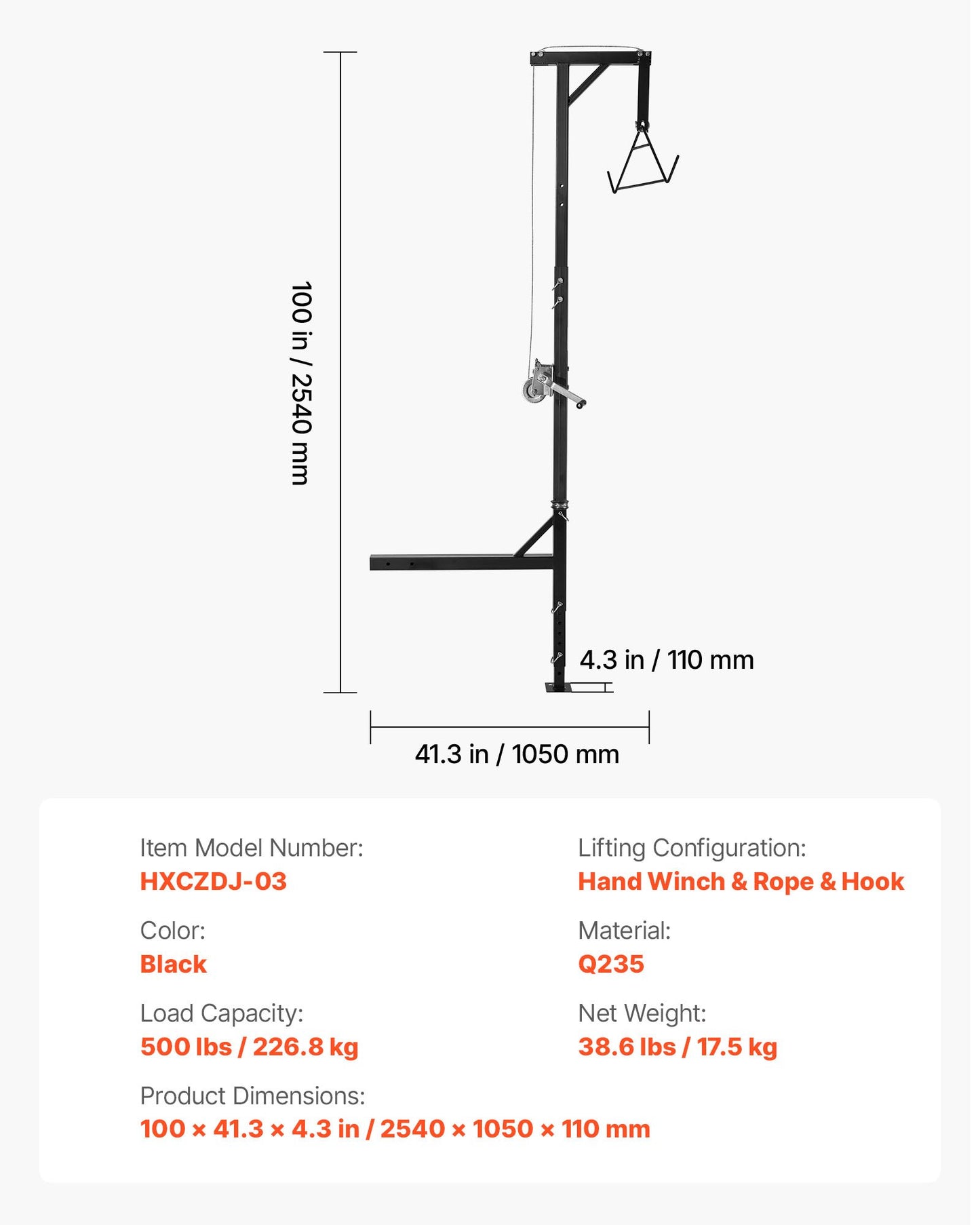Dragkrok för jakthjort, lastkapacitet 227 kg, jakthjortlyft med 5 cm mottagare, 360 graders svängbar axel och justerbar höjd, inklusive gambrelvinsch för flåing och rengöring av vilt