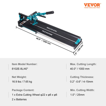 Manual Tile Cutter, 1000mm, Porcelain Ceramic Tile Cutter with Tungsten Carbide Cutting Wheel, Infrared Positioning, Anti-Skid Feet, Durable Rails for professional installers or beginners