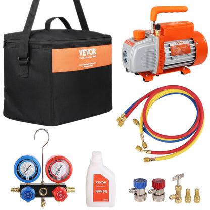 186W(1/4 HP) 267 L/min(4.5 CFM) AC Vacuum Pump and Gauge Set, Single Stage Rotary Vane HVAC Air Vacuum Pump A/C Refrigerant Kit Manifold Gauge Set, with Three-Color Hose Carry Bag, Applicable to R134a, R410a