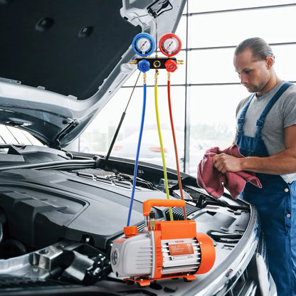 186W(1/4 HP) 267 L/min(4.5 CFM) AC Vacuum Pump and Gauge Set, Single Stage Rotary Vane HVAC Air Vacuum Pump A/C Refrigerant Kit Manifold Gauge Set, with Three-Color Hose Carry Bag, Applicable to R134a, R410a