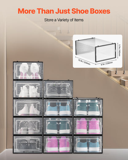 Skoförvaringslådor, 12-pack stapelbara skokartonger, passar upp till US-storlek 11, modulära plastbehållare för förvaring av höga klackar, stövlar och hattar, svart ram
