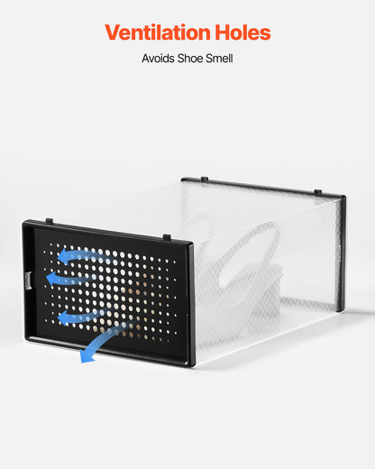 Skoförvaringslådor, 12-pack stapelbara skokartonger, passar upp till US-storlek 11, modulära plastbehållare för förvaring av höga klackar, stövlar och hattar, svart ram