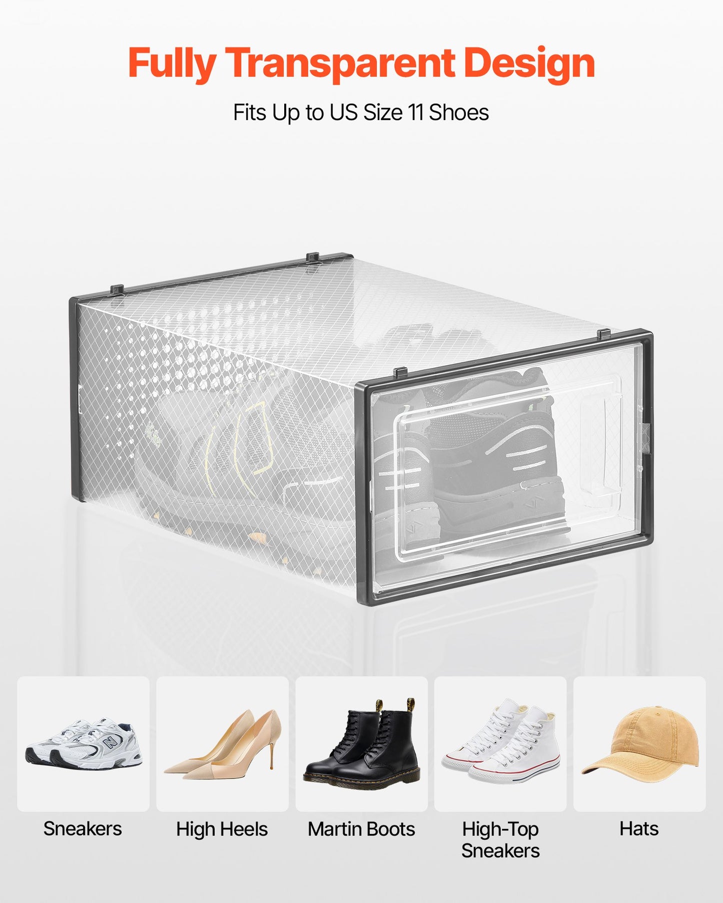 Skoförvaringslådor, 12-pack stapelbara skokartonger, passar upp till US-storlek 11, modulära plastbehållare för förvaring av höga klackar, stövlar och hattar, svart ram
