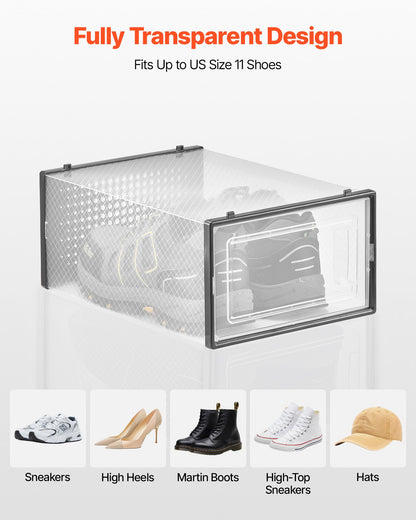 Skoförvaringslådor, 12-pack stapelbara skokartonger, passar upp till US-storlek 11, modulära plastbehållare för förvaring av höga klackar, stövlar och hattar, svart ram