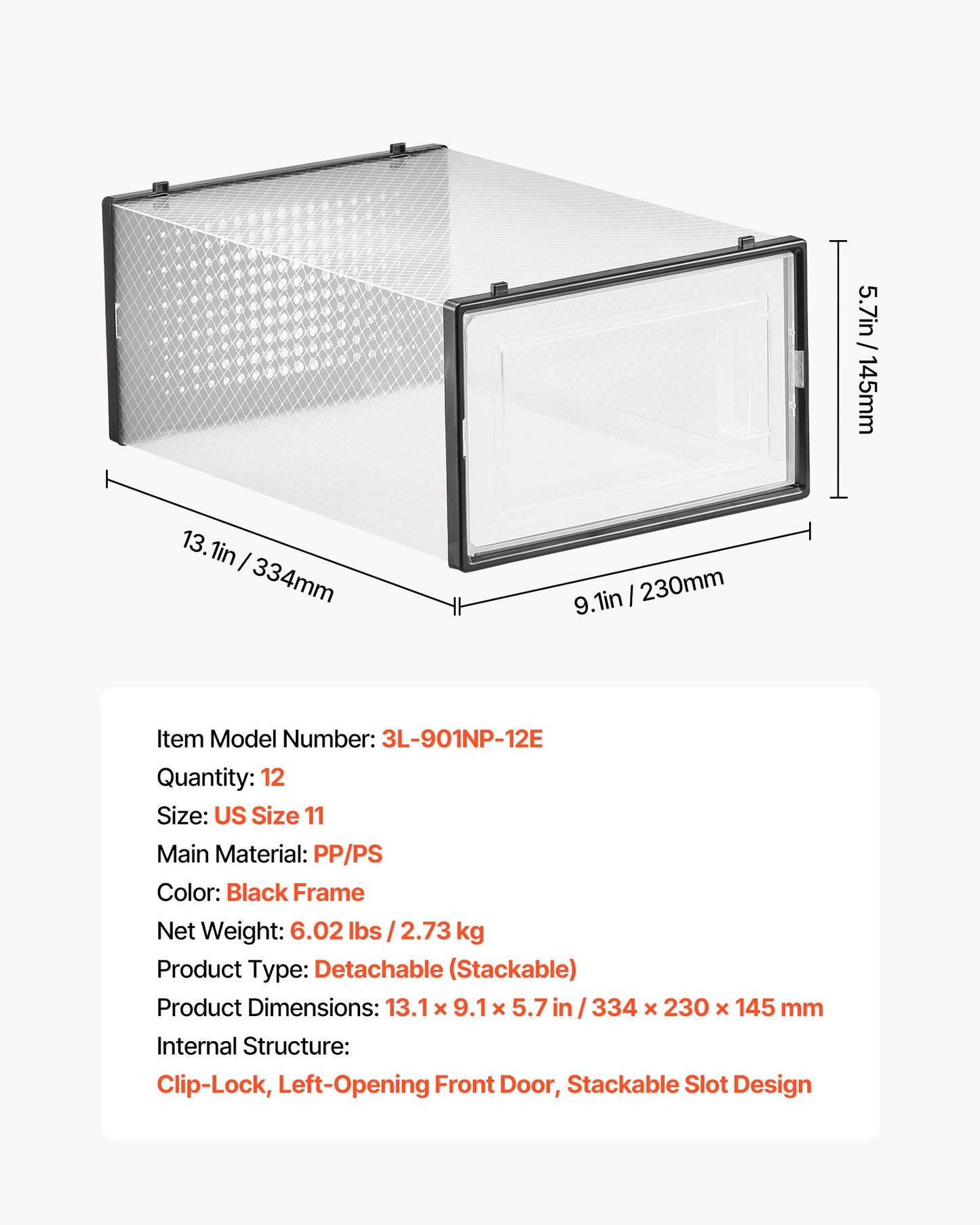 Skoförvaringslådor, 12-pack stapelbara skokartonger, passar upp till US-storlek 11, modulära plastbehållare för förvaring av höga klackar, stövlar och hattar, svart ram