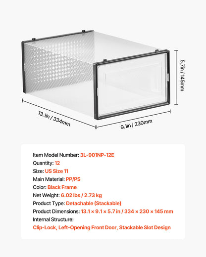 Skoförvaringslådor, 12-pack stapelbara skokartonger, passar upp till US-storlek 11, modulära plastbehållare för förvaring av höga klackar, stövlar och hattar, svart ram