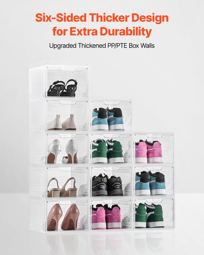 Shoe Storage Boxes, 12 Pack Clear Stackable Shoe Boxes Storage Organizers with Magnetic Door, Fit up to US Size 13, Plastic Sneaker Containers for High Heels, Boots, and Hats, Transparent White