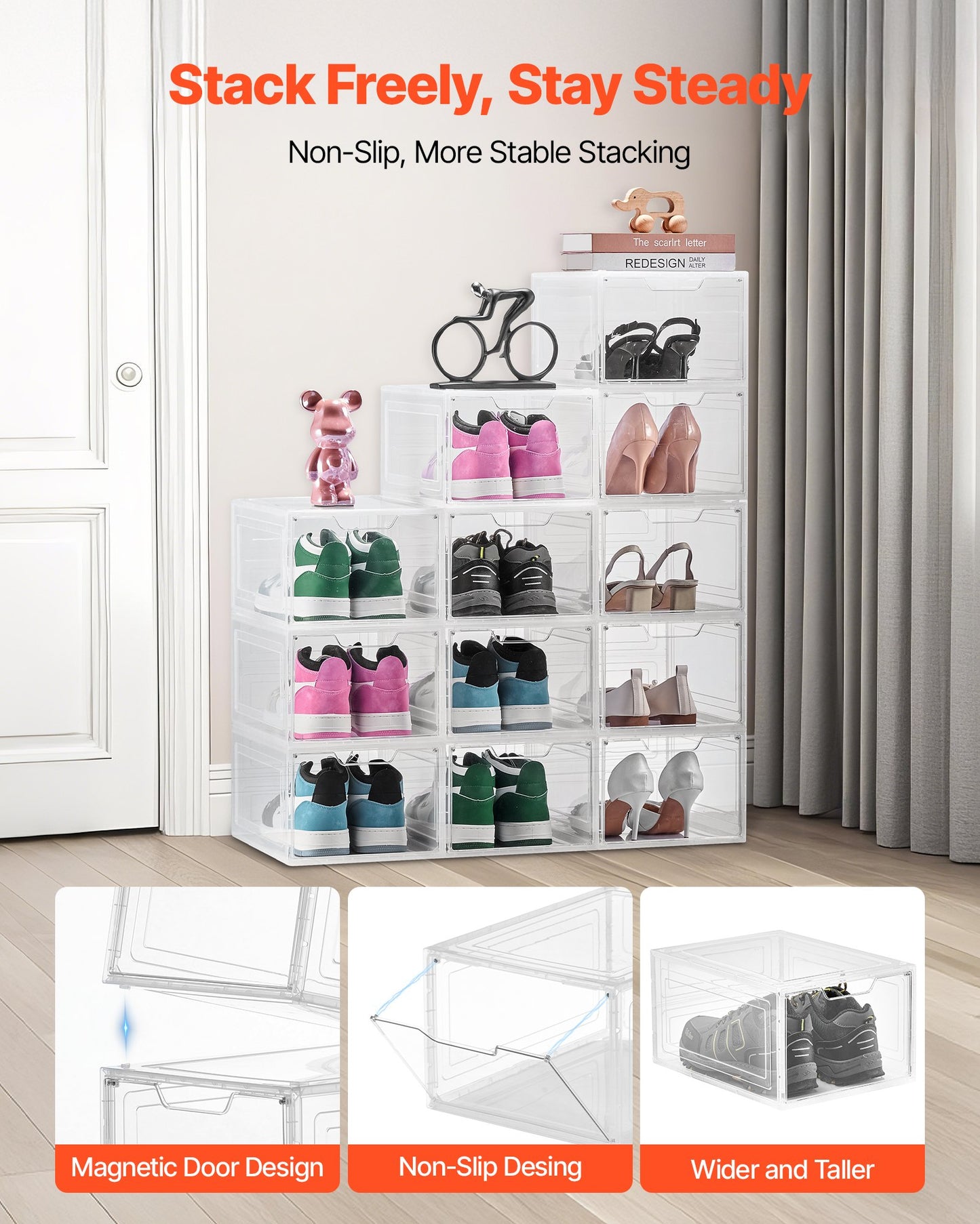 Shoe Storage Boxes, 12 Pack Clear Stackable Shoe Boxes Storage Organizers with Magnetic Door, Fit up to US Size 13, Plastic Sneaker Containers for High Heels, Boots, and Hats, Transparent White