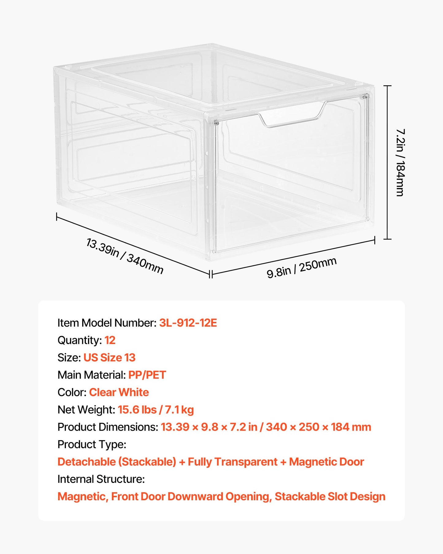 Shoe Storage Boxes, 12 Pack Clear Stackable Shoe Boxes Storage Organizers with Magnetic Door, Fit up to US Size 13, Plastic Sneaker Containers for High Heels, Boots, and Hats, Transparent White