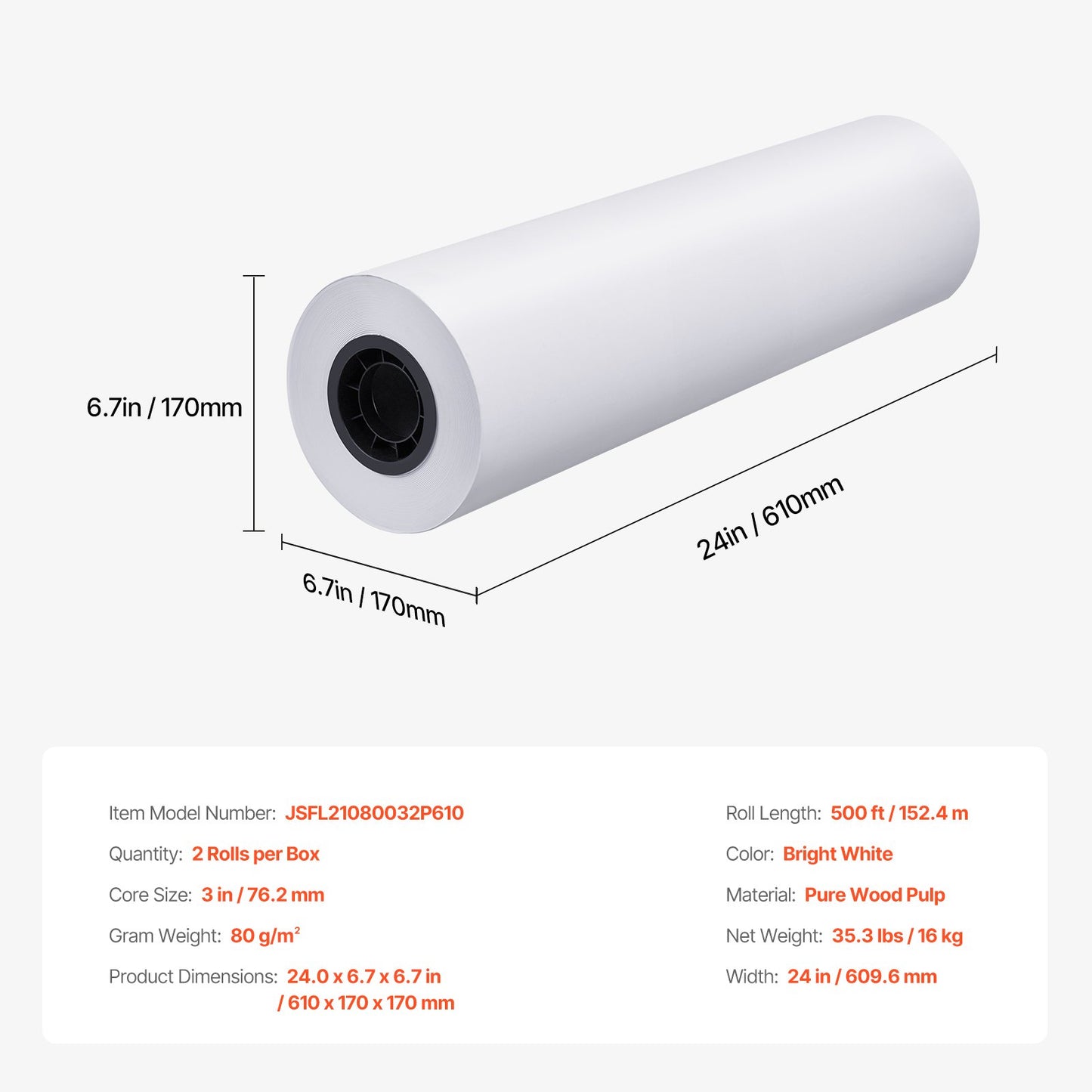 Wide Format Paper, 61 cm x 152.4 m Plotter Paper, 2 Rolls CAD Bond Rolls with 7.62 cm Core, 75 g/m² Bond Paper Rolls, Idea for CAD Drawings, Engineering Plans, GIS Maps & Architectural Designs