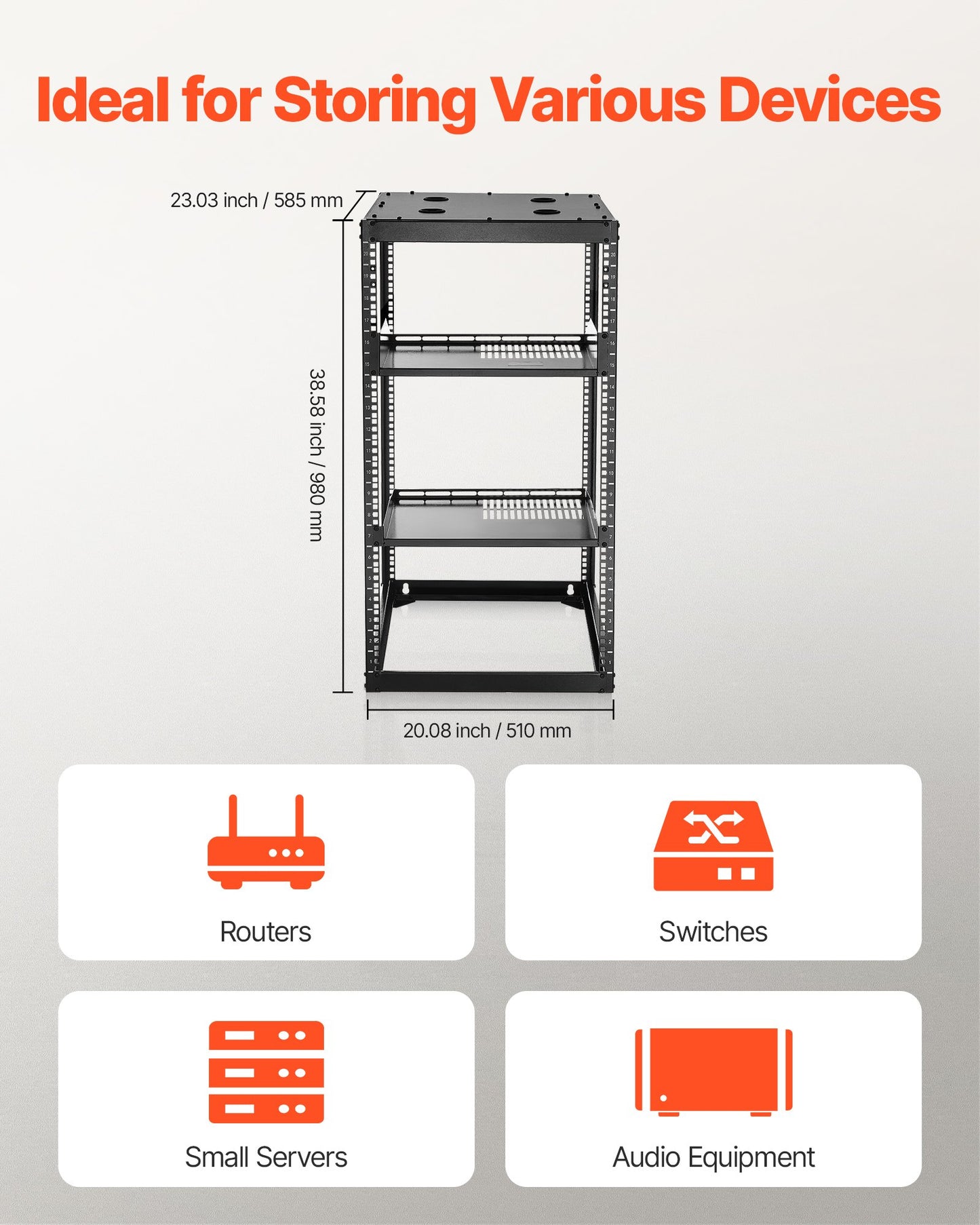20U Open Frame Network Rack, 585 mm Depth, Wall Mounted or Floor Standing Server Rack, Heavy Duty 4 Post, with Vented Shelves & Mounting Hardware, Holds All Your Networking IT Equipment AV Gear