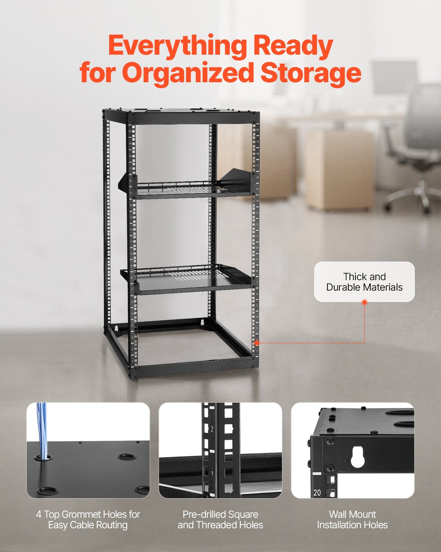 20U Open Frame Network Rack, 585 mm Depth, Wall Mounted or Floor Standing Server Rack, Heavy Duty 4 Post, with Vented Shelves & Mounting Hardware, Holds All Your Networking IT Equipment AV Gear