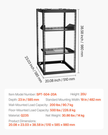 20U Open Frame Network Rack, 585 mm Depth, Wall Mounted or Floor Standing Server Rack, Heavy Duty 4 Post, with Vented Shelves & Mounting Hardware, Holds All Your Networking IT Equipment AV Gear