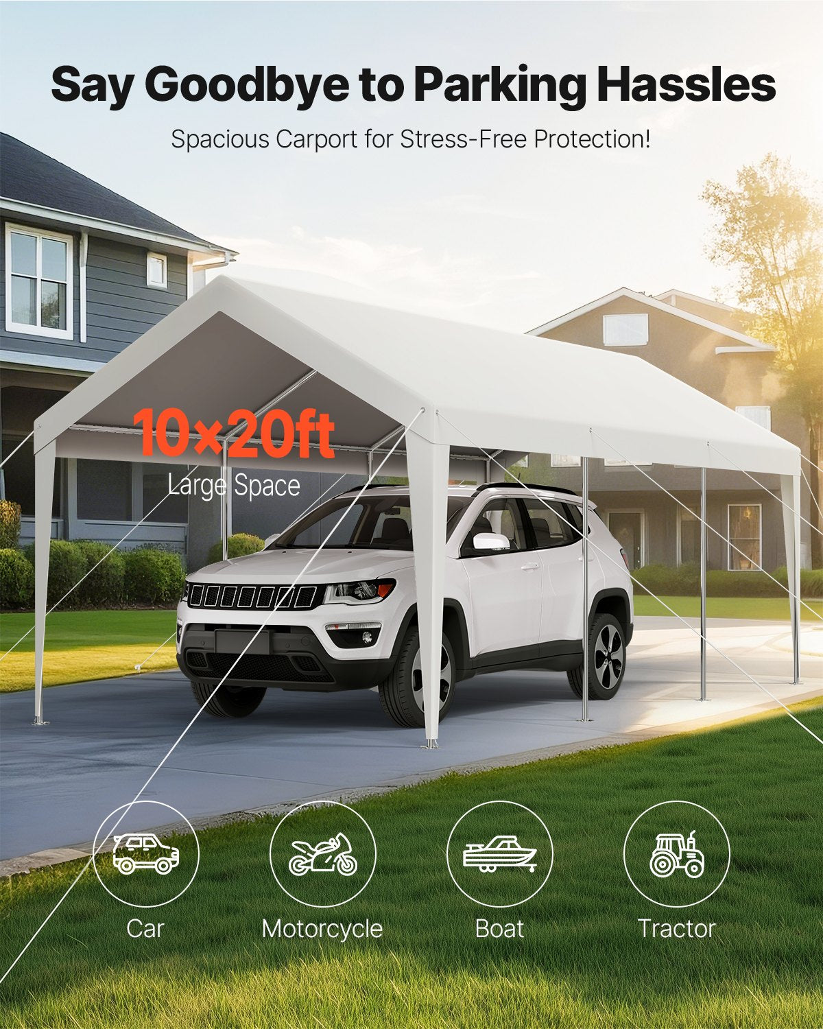 Carport, 10 x 20 FT Outdoor Car Canopy, Potable Carport, Heavy Duty Galvanized Car Shelter, UV-Resistant & Water-Resistant, All-Season Protection, Storage Shed for Boat Motorcycle White