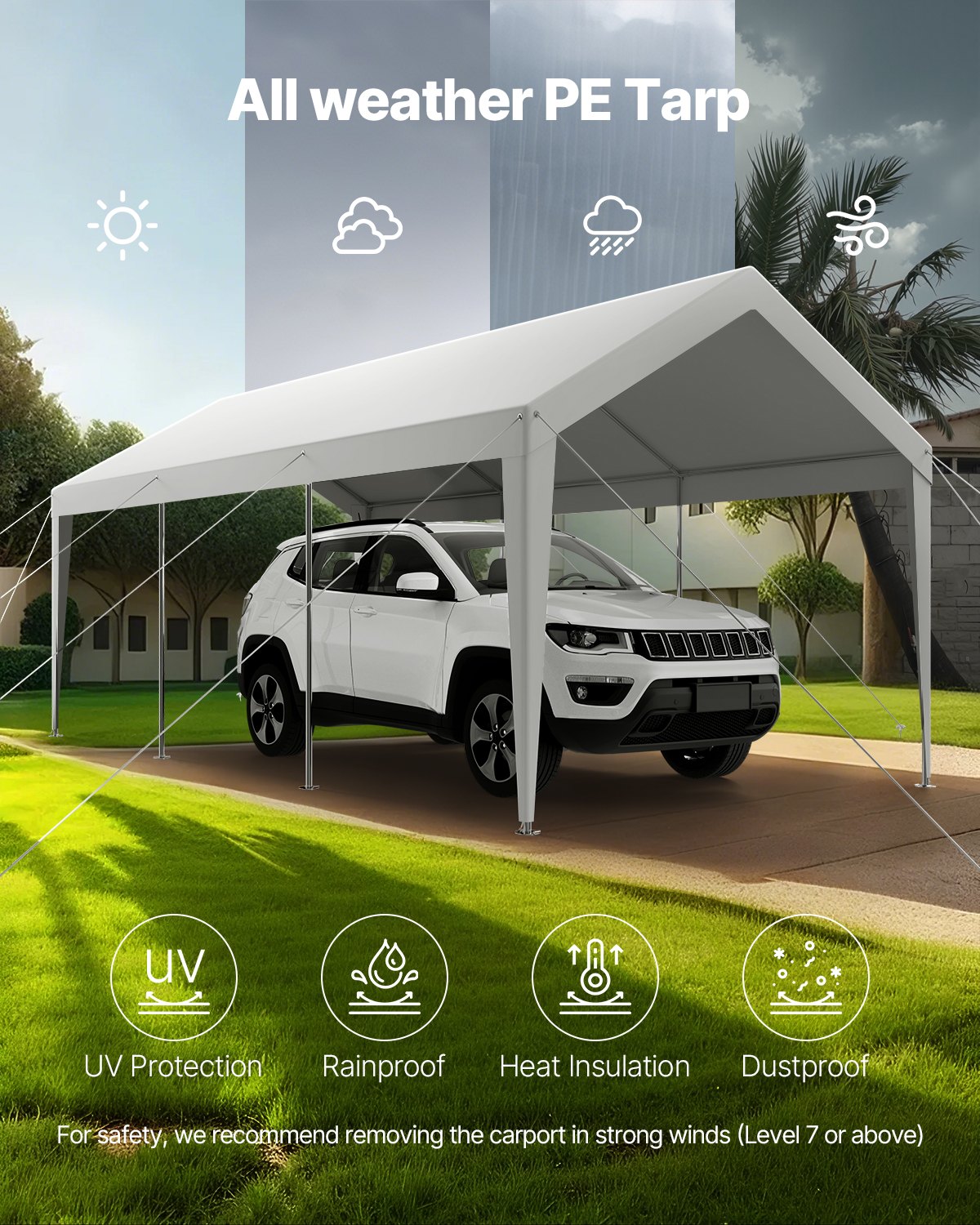 Carport, 10 x 20 FT Outdoor Car Canopy, Potable Carport, Heavy Duty Galvanized Car Shelter, UV-Resistant & Water-Resistant, All-Season Protection, Storage Shed for Boat Motorcycle White