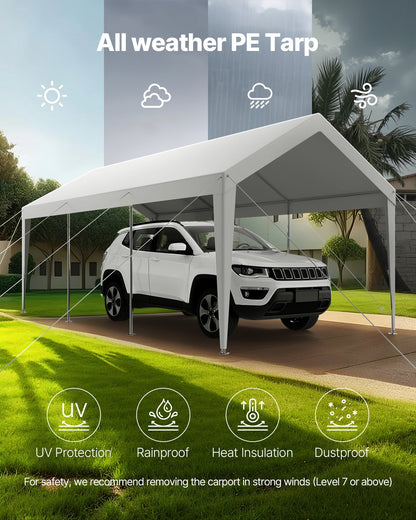 Carport, 10 x 20 FT Outdoor Car Canopy, Potable Carport, Heavy Duty Galvanized Car Shelter, UV-Resistant & Water-Resistant, All-Season Protection, Storage Shed for Boat Motorcycle White