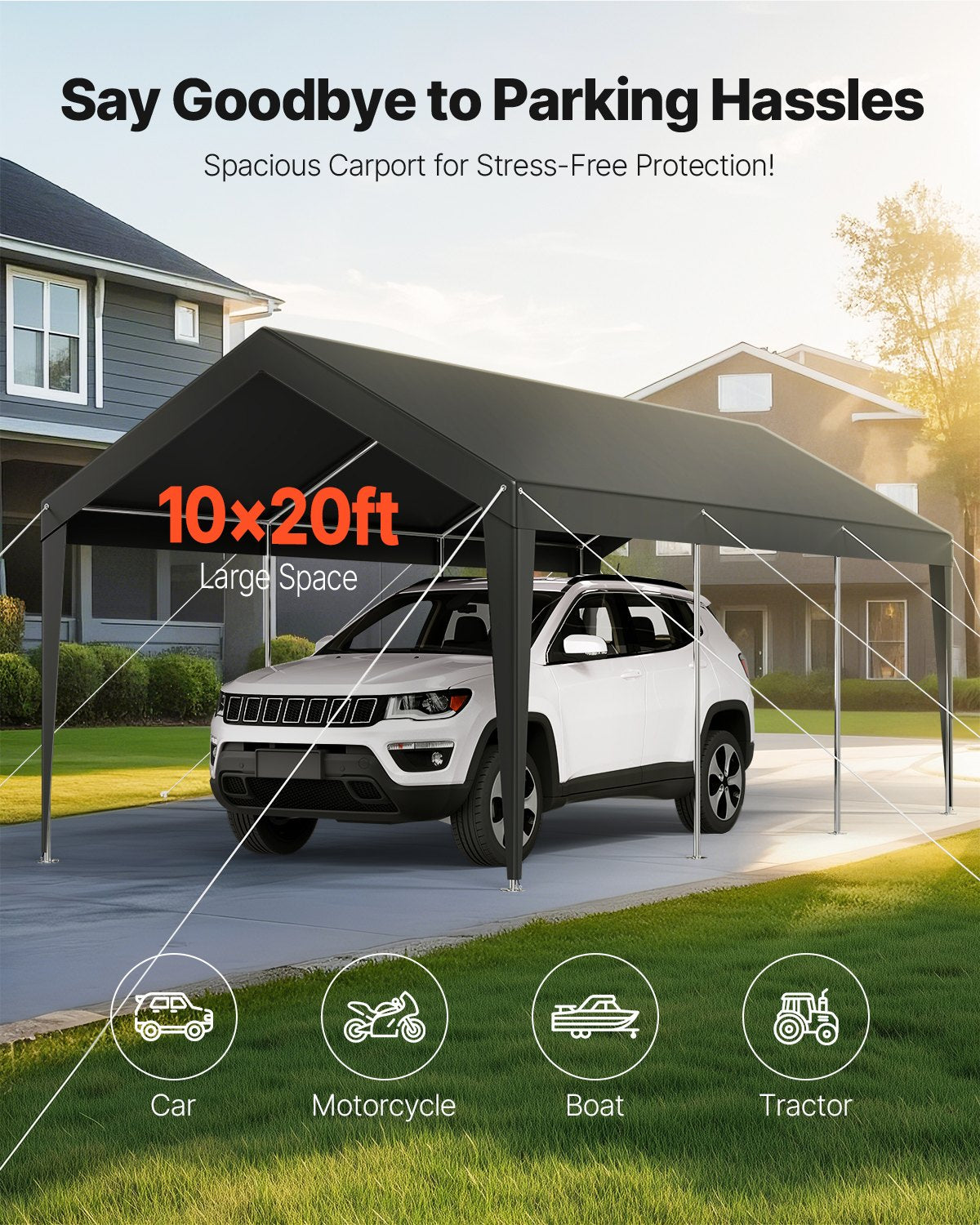 Carport, 10 x 20 FT Outdoor Car Canopy, Potable Carport, Heavy Duty Galvanized Car Shelter, UV-Resistant & Water-Resistant, All-Season Protection, Storage Shed for Car Boat Motorcycle Grey