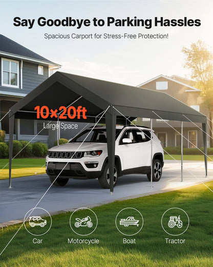 Carport, 10 x 20 FT Outdoor Car Canopy, Potable Carport, Heavy Duty Galvanized Car Shelter, UV-Resistant & Water-Resistant, All-Season Protection, Storage Shed for Car Boat Motorcycle Grey