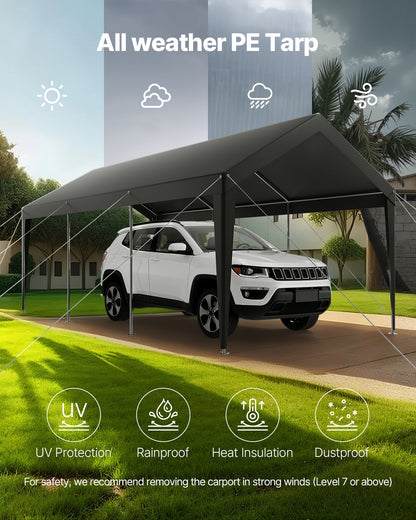 Carport, 10 x 20 FT Outdoor Car Canopy, Potable Carport, Heavy Duty Galvanized Car Shelter, UV-Resistant & Water-Resistant, All-Season Protection, Storage Shed for Car Boat Motorcycle Grey