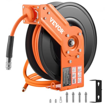 Retractable Air Hose Reel, 3/8IN x 50FT Hybrid Air Hose Max 300PSI, Air Compressor Hose Reel Auto-Rewind with 5FT Lead in, Ceiling/Wall Mount Heavy Duty Single Arm Reel & 180° Swivel Bracket