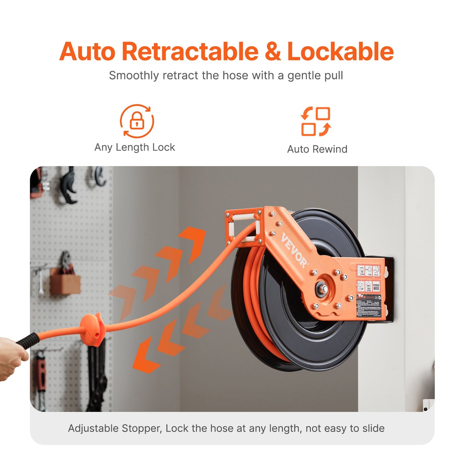 Retractable Air Hose Reel, 3/8IN x 50FT Hybrid Air Hose Max 300PSI, Air Compressor Hose Reel Auto-Rewind with 5FT Lead in, Ceiling/Wall Mount Heavy Duty Single Arm Reel & 180° Swivel Bracket