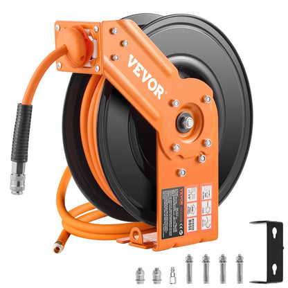 Retractable Air Hose Reel, 3/8IN x 50FT Hybrid Air Hose Max 300PSI, Air Compressor Hose Reel Auto-Rewind with 5FT Lead in, Ceiling/Wall Mount Heavy Duty Single Arm Reel & 180° Swivel Bracket