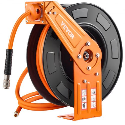 Retractable Air Hose Reel, 3/8 IN x 65 FT Hybrid Air Hose Max 300PSI, Air Compressor Hose Reel Auto-Rewind with 5FT Lead in, Ceiling/Wall Mount Heavy Duty Single Arm Reel for Workshop Garage