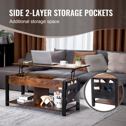 Lyftbart soffbord, 41,7 tum rektangulärt soffbord med extra förvaringsfickor, uppfällbart soffbord för vardagsrum, brunt