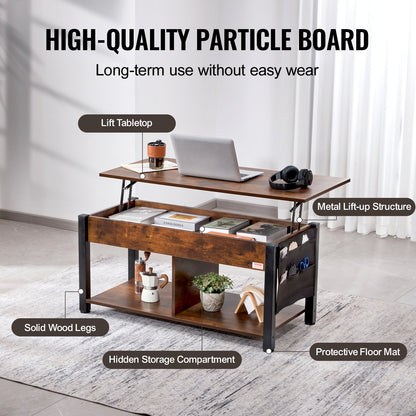 Lyftbart soffbord, 41,7 tum rektangulärt soffbord med extra förvaringsfickor, uppfällbart soffbord för vardagsrum, brunt