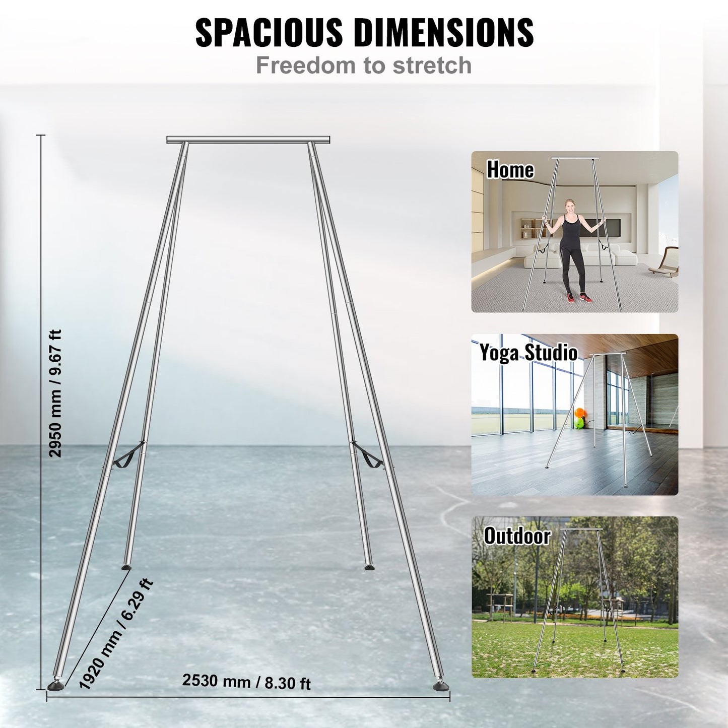 Aerial yogaram, 2,9 m höjd yogagungstativ, max 250 kg belastning förkromad stålrör, inversions-yogagungstativ, yogarigg, inversionsutrustning för yoga med slinga för inomhus- och utomhusbruk, aerial yoga